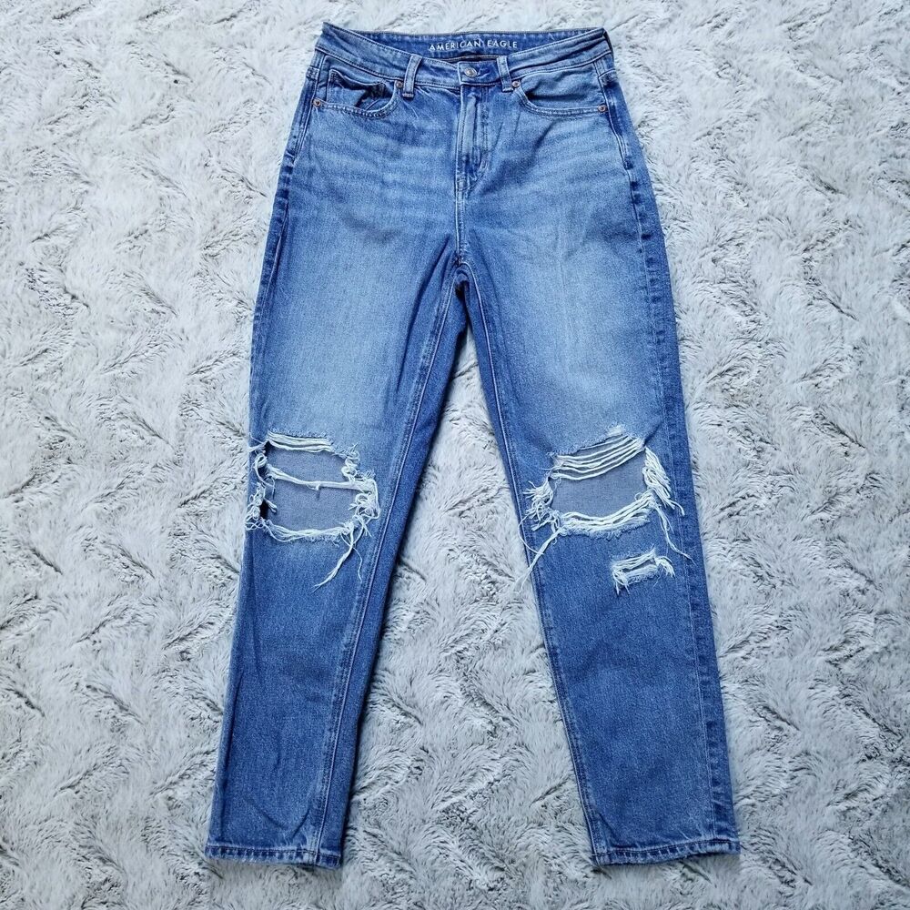 American Eagle Jeans Womens 2 Short Blue Mom Jean Distressed Straight Medium...